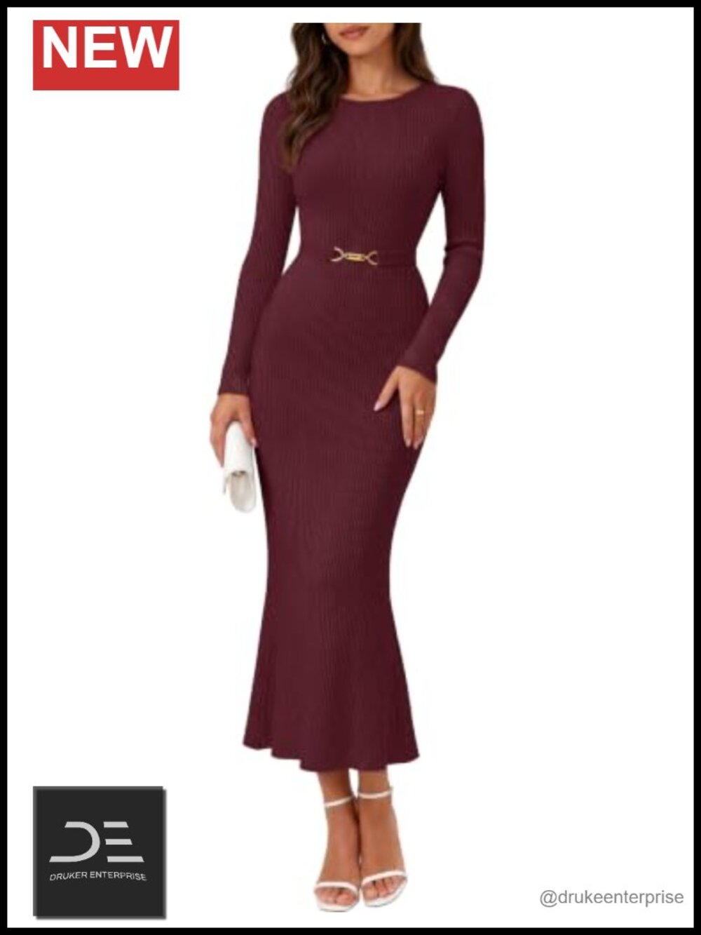 Women's Long Sleeve Ribbed Knit Bodycon Sweater Dress Self-Tie Belt